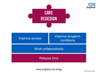 #GPforwardview
www.england.nhs.uk/gp
Improve access
Improve longterm
conditions
Work collaboratively
Release timeRelease time
 
