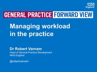 @robertvarnam
Managing workload
in the practice
Dr Robert Varnam
Head of General Practice Development
NHS England
@robertvarnam
 