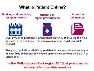 Booking and cancelling
of appointments
Ordering of
repeat prescriptions
Access to
GP records
What is Patient Online?
Over 97% of all practices in England are currently offering these online
services to their patients. This was a requirement in last year’s GP
contract.
This year, the BMA and NHS agreed that all practices should aim to get
at least 10% of their patients signed up for online services by the 31st of
March 2017.
In the Midlands and East region 63.1% of practices are
already offering online services.
 