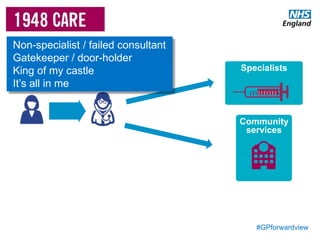 #GPforwardview
Specialists
Non-specialist / failed consultant
Gatekeeper / door-holder
King of my castle
It’s all in me
Community
services
 