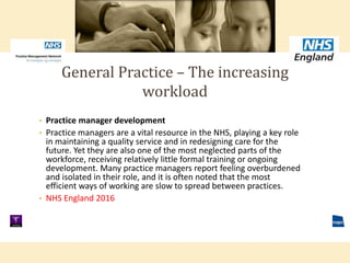 • Practice manager development
• Practice managers are a vital resource in the NHS, playing a key role
in maintaining a quality service and in redesigning care for the
future. Yet they are also one of the most neglected parts of the
workforce, receiving relatively little formal training or ongoing
development. Many practice managers report feeling overburdened
and isolated in their role, and it is often noted that the most
efficient ways of working are slow to spread between practices.
• NHS England 2016
General Practice – The increasing
workload
 