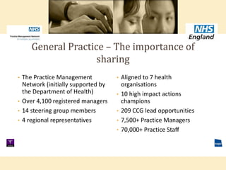 • Aligned to 7 health
organisations
• 10 high impact actions
champions
• 209 CCG lead opportunities
• 7,500+ Practice Managers
• 70,000+ Practice Staff
• The Practice Management
Network (initially supported by
the Department of Health)
• Over 4,100 registered managers
• 14 steering group members
• 4 regional representatives
General Practice – The importance of
sharing
 