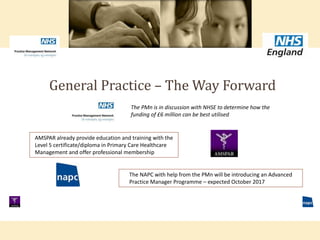General Practice – The Way Forward
The PMn is in discussion with NHSE to determine how the
funding of £6 million can be best utilised
AMSPAR already provide education and training with the
Level 5 certificate/diploma in Primary Care Healthcare
Management and offer professional membership
The NAPC with help from the PMn will be introducing an Advanced
Practice Manager Programme – expected October 2017
 