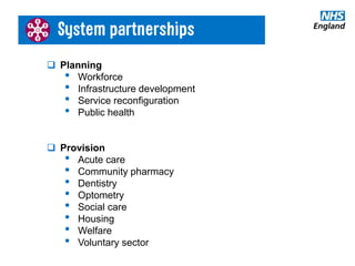 #GPforwardview
 Planning
• Workforce
• Infrastructure development
• Service reconfiguration
• Public health
 Provision
• Acute care
• Community pharmacy
• Dentistry
• Optometry
• Social care
• Housing
• Welfare
• Voluntary sector
 
