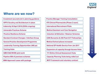 #GPforwardview
Where are we now?
Investment secured and in planning guidance
Indemnity till April 2019 (OOHs ongoing)
Induction & Refresher / Retainer Schemes
£20K Bursaries & 250 Post-CCT Fellowships
International Recruitment Pilots
470 Clinical Pharmacists (Phase 2 soon)
National GP Health Service from Jan 2017
Practice Resilience Scheme
General Practice Development Programme
Medical Assistant and Care Navigation
Standard Contract Changes / Interface Group
Expansion of capacity through Access Hubs
MCP Framework and voluntary contract
GMC/CQC/NHSE joint work
Pipeline 800 of premises schemes
GPFV Scrutiny and Architecture in place
Medical School places increased
Vulnerable Practices Scheme
Leadership Training Opportunities (400 pa)
Training Hubs
111 Online Clinical Assessment Hubs
Practice Manager Training Consultation
Capacity Planning Tools being rolled out
BMA Approved Lease with package
C
O
M
M
U
N
I
C
A
T
I
O
N
 