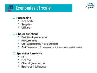 #GPforwardview
 Purchasing
• Indemnity
• Supplies
• Utilities
 Shared functions
• Policies & procedures
• Procurement
• Correspondence management
• IM&T (eg support & maintenance, intranet, web, social media)
 Specialist functions
• HR
• Finance
• Clinical governance
• Business intelligence
 