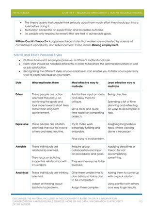 PM NOTEBOOK CHAPTER 9 – RESOURCES MANAGEMENT | HUMAN RESOURCE THEORIES
DISCLAIMER: THE MATERIAL INCLUDED IN THIS DOCUMENT IS BASED ON DATA / INFORMATION
GATHERED FROM VARIOUS RELIABLE SOURCES. NONE OF THIS DATA / INFORMATION IS A PROPERTY
OF THE AUTHOR.
115
 The theory asserts that people think seriously about how much effort they should put into a
task before doing it.
 Motivation is linked to an expectation of a favorable outcome.
 I.e. people only respond to reward that are tied to achievable goals.
William Ouchi’s Theory Z – A Japanese theory states that workers are motivated by a sense of
commitment, opportunity, and advancement. It also implies lifelong employment.
Merrill and Reid's Personal Styles
 Outlines how each employee possesses a different motivational style.
 Each style should be handled differently in order to facilitate the optimal motivation as well
as job satisfaction.
 Recognizing the different styles of your employees can enable you to tailor your supervisory
style to each individual on your team.
Style What motivates them Most effective way to
motivate
Least effective way to
motivate
Driver These people are action
oriented; they focus on
achieving the goals and
look more towards short term
rather than long-term
achievement.
Ask for their input on ideas
and allow them to
critique.
Set a clear and quick
time-table for completing
projects.
Being directive.
Spending a lot of time
planning and reflecting
on ways to accomplish a
task.
Expressive These people are intuition
oriented; they like to involve
others and reject routine.
Try to make work
personally fulfilling and
enjoyable.
Find ways to involve them.
Assigning long tedious
tasks, where working
alone is necessary
Amiable These individuals are
relationship oriented.
They focus on building
supportive relationships with
co-workers.
Require group
collaboration and input
on procedures and goals.
They want everyone to be
involved.
Applying deadlines or
threats for not
accomplishing
something.
Analytical These individuals are thinking
oriented.
Adept at thinking about
solutions to problems.
Give them ample time to
plan before a task is due
to be completed.
Assign them complex
Asking them to come up
with a quick solution.
Using conflict with others
as a way to get results.
 