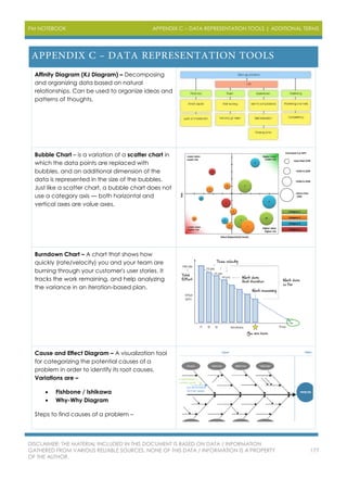 PM NOTEBOOK APPENDIX C – DATA REPRESENTATION TOOLS | ADDITIONAL TERMS
DISCLAIMER: THE MATERIAL INCLUDED IN THIS DOCUMENT IS BASED ON DATA / INFORMATION
GATHERED FROM VARIOUS RELIABLE SOURCES. NONE OF THIS DATA / INFORMATION IS A PROPERTY
OF THE AUTHOR.
177
Affinity Diagram (KJ Diagram) – Decomposing
and organizing data based on natural
relationships. Can be used to organize ideas and
patterns of thoughts.
Bubble Chart – is a variation of a scatter chart in
which the data points are replaced with
bubbles, and an additional dimension of the
data is represented in the size of the bubbles.
Just like a scatter chart, a bubble chart does not
use a category axis — both horizontal and
vertical axes are value axes.
Burndown Chart – A chart that shows how
quickly (rate/velocity) you and your team are
burning through your customer's user stories. It
tracks the work remaining, and help analyzing
the variance in an iteration-based plan.
Cause and Effect Diagram – A visualization tool
for categorizing the potential causes of a
problem in order to identify its root causes.
Variations are –
 Fishbone / Ishikawa
 Why-Why Diagram
Steps to find causes of a problem –
 