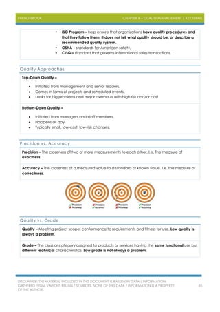 PM NOTEBOOK CHAPTER 8 – QUALITY MANAGEMENT | KEY TERMS
DISCLAIMER: THE MATERIAL INCLUDED IN THIS DOCUMENT IS BASED ON DATA / INFORMATION
GATHERED FROM VARIOUS RELIABLE SOURCES. NONE OF THIS DATA / INFORMATION IS A PROPERTY
OF THE AUTHOR.
85
 ISO Program – help ensure that organizations have quality procedures and
that they follow them. It does not tell what quality should be, or describe a
recommended quality system.
 OSHA – standards for American safety.
 CISG – standard that governs international sales transactions.
Quality Approaches
Top-Down Quality –
 Initiated from management and senior leaders.
 Comes in forms of projects and scheduled events.
 Looks for big problems and major overhauls with high risk and/or cost.
Bottom-Down Quality –
 Initiated from managers and staff members.
 Happens all day.
 Typically small, low-cost, low-risk changes.
Precision vs. Accuracy
Precision – The closeness of two or more measurements to each other. I.e. The measure of
exactness.
Accuracy – The closeness of a measured value to a standard or known value. I.e. the measure of
correctness.
Quality vs. Grade
Quality – Meeting project scope, conformance to requirements and fitness for use. Low quality is
always a problem.
Grade – The class or category assigned to products or services having the same functional use but
different technical characteristics. Low grade is not always a problem.
 