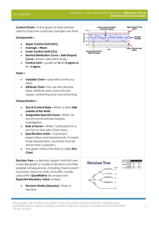 PM NOTEBOOK
APPENDIX C – DATA REPRESENTATION TOOLS | ERROR! NO TEXT OF
SPECIFIED STYLE IN DOCUMENT.
DISCLAIMER: THE MATERIAL INCLUDED IN THIS DOCUMENT IS BASED ON DATA / INFORMATION
GATHERED FROM VARIOUS RELIABLE SOURCES. NONE OF THIS DATA / INFORMATION IS A PROPERTY
OF THE AUTHOR.
6
Control Charts – A line graph of data plotted
used to study how a process changes over time.
Components –
 Upper Control Limit (UCL)
 Average / Mean
 Lower Control Limit (LCL)
 Normal Distribution Curve / Bell-Shaped
Curve – Shows valid data range.
 Control Limit – usually set to +/-3 sigma or
+/- 6 sigma.
Types –
 Variable Chart – Used with continuous
data.
 Attribute Chart – For use with discrete
data. Attribute data have only two
values: conforming and nonconforming.
Characteristics –
 Out of Control/State – When a data falls
outside of the limits.
 Assignable/Special Cause – When an
out-of-control process requires
investigation.
 Rule of Seven – When 7 data points in a
row fall on one side of the mean.
 Specification Limits – Customer’s
expectations and requirements. To meet
those requirements, your limits must be
stricter than customer’s.
 The graph without the lines is called Run
Chart.
Decision Tree – a decision support tool that uses
a tree-like graph or model of decisions and their
possible consequences, including chance event
outcomes, resource costs, and utility. Usually
used within Quantitative risk analysis and
Expected Monetary Value analysis.
 Decision Nodes (Squares) – Show a
decision.
 