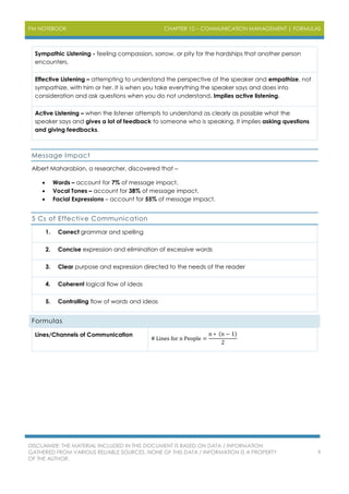 PM NOTEBOOK CHAPTER 10 – COMMUNICATION MANAGEMENT | FORMULAS
DISCLAIMER: THE MATERIAL INCLUDED IN THIS DOCUMENT IS BASED ON DATA / INFORMATION
GATHERED FROM VARIOUS RELIABLE SOURCES. NONE OF THIS DATA / INFORMATION IS A PROPERTY
OF THE AUTHOR.
9
Sympathic Listening - feeling compassion, sorrow, or pity for the hardships that another person
encounters.
Effective Listening – attempting to understand the perspective of the speaker and empathize, not
sympathize, with him or her. It is when you take everything the speaker says and does into
consideration and ask questions when you do not understand. Implies active listening.
Active Listening – when the listener attempts to understand as clearly as possible what the
speaker says and gives a lot of feedback to someone who is speaking. It implies asking questions
and giving feedbacks.
Message Impact
Albert Maharabian, a researcher, discovered that –
 Words – account for 7% of message impact.
 Vocal Tones – account for 38% of message impact.
 Facial Expressions – account for 55% of message impact.
5 Cs of Effective Communication
1. Correct grammar and spelling
2. Concise expression and elimination of excessive words
3. Clear purpose and expression directed to the needs of the reader
4. Coherent logical flow of ideas
5. Controlling flow of words and ideas
Formulas
Lines/Channels of Communication
# Lines for n People =
n ∗ (n − 1)
2
 