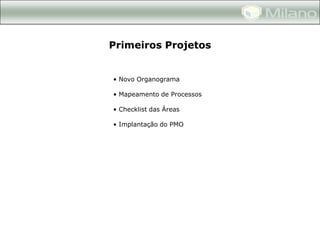 Primeiros Projetos


• Novo Organograma

• Mapeamento de Processos

• Checklist das Áreas

• Implantação do PMO
 