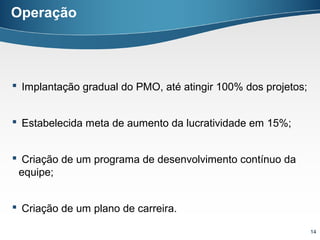 Operação




 Implantação gradual do PMO, até atingir 100% dos projetos;


 Estabelecida meta de aumento da lucratividade em 15%;


 Criação de um programa de desenvolvimento contínuo da
 equipe;


 Criação de um plano de carreira.

                                                               14
 