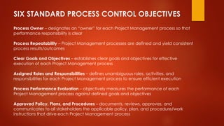 SIX STANDARD PROCESS CONTROL OBJECTIVES 
Process Owner – designates an “owner” for each Project Management process so that 
performance responsibility is clear 
Process Repeatability – Project Management processes are defined and yield consistent 
process results/outcomes 
Clear Goals and Objectives – establishes clear goals and objectives for effective 
execution of each Project Management process 
Assigned Roles and Responsibilities – defines unambiguous roles, activities, and 
responsibilities for each Project Management process to ensure efficient execution 
Process Performance Evaluation – objectively measures the performance of each 
Project Management process against defined goals and objectives 
Approved Policy, Plans, and Procedures – documents, reviews, approves, and 
communicates to all stakeholders the applicable policy, plan, and procedure/work 
instructions that drive each Project Management process 
 