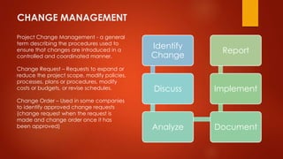 CHANGE MANAGEMENT 
Project Change Management - a general 
term describing the procedures used to 
ensure that changes are introduced in a 
controlled and coordinated manner. 
Change Request – Requests to expand or 
reduce the project scope, modify policies, 
processes, plans or procedures, modify 
costs or budgets, or revise schedules. 
Change Order – Used in some companies 
to identify approved change requests 
(change request when the request is 
made and change order once it has 
been approved) 
Identify 
Change 
Discuss 
Report 
Implement 
Analyze Document 
 