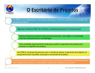 www.CompanyWeb.com.br 60
Um PMO é uma organização centralizada dedicada a melhorar a prática e os resultados da
gestão do projecto.
Algumas iniciativas PMO são mínimos, envolvendo pessoal em tempo parcial.
Outras iniciativas envolvem infra-estrutura enorme, com rígido e centralizado
controle, planejamento e metodologia.
Uma entidade organizacional criada para auxiliar os gerentes de projeto para
alcançar os objetivos do projeto.
Um PMO é um grupo de pessoas com a missão de apoiar os gerentes de projetos no
lançamento bem sucedido, execução e conclusão de projetos.
Fornece uma oportunidade para os gestores do projeto para desenvolver profissionalmente
mais rapidamente do que, se estivessem trabalhando isolados um do outro.
Fonte: Floyd Saunders - http://www.floydsaunders.com
 