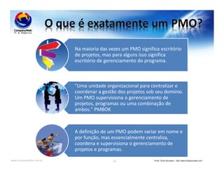 www.CompanyWeb.com.br 61
Na maioria das vezes um PMO significa escritório
de projetos, mas para alguns isso significa
escritório de gerenciamento do programa.
"Uma unidade organizacional para centralizar e
coordenar a gestão dos projetos sob seu domínio.
Um PMO supervisiona o gerenciamento de
projetos, programas ou uma combinação de
ambos." PMBOK
A definição de um PMO podem variar em nome e
por função, mas essencialmente centraliza,
coordena e supervisiona o gerenciamento de
projetos e programas.
Fonte: Floyd Saunders - http://www.floydsaunders.com
 