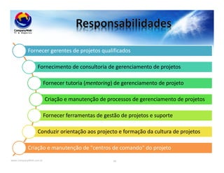 www.CompanyWeb.com.br 66
Fornecer gerentes de projetos qualificados
Fornecimento de consultoria de gerenciamento de projetos
Fornecer tutoria (mentoring) de gerenciamento de projeto
Criação e manutenção de processos de gerenciamento de projetos
Fornecer ferramentas de gestão de projetos e suporte
Conduzir orientação aos projecto e formação da cultura de projetos
Criação e manutenção de "centros de comando" do projeto
 