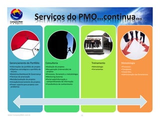 www.CompanyWeb.com.br 72
Gerenciamento do Portfólio
•Informações do portfólio de projeto
•Objetivos estratégicos e portfólio de
recuros
•Relatórios/dashboard & Governança
•Técnicas de priorização
•Revisão/avaliação de projetos
•Iniciação/encerramento de projetos
•Prover suporte para projetos com
problemas
Consultoria
•Avaliação de projetos
•Recuperação (intervensão) de
projetos
•Processos, ferraments e metodoloigas
•Mentoring (tutoria)
•Portal web/informação e
compartilhameto de informação
•Transferência de conhecimento
Treinamento
•Metodologia
•Ferramentas
Metodologia
•Processos;
•Templates;
•Check-lists;
•Administração das ferramentas.
 