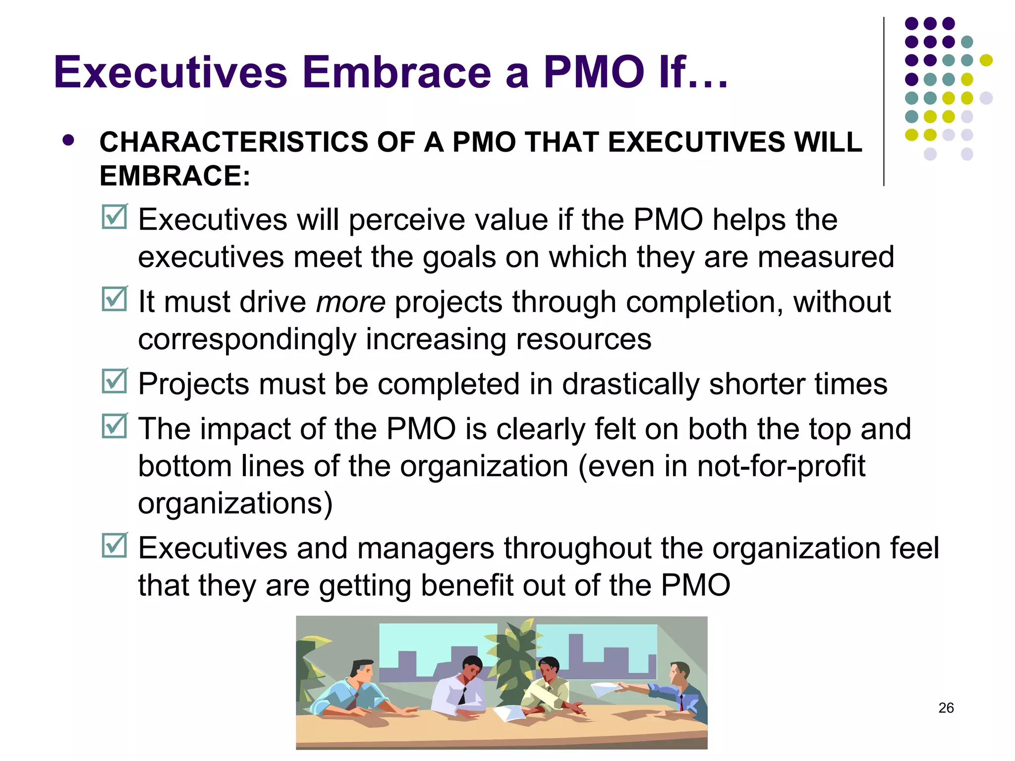 Executives Embrace a PMO If… CHARACTERISTICS OF A PMO THAT EXECUTIVES WILL EMBRACE: Executives will perceive value if the PMO helps the executives meet the goals on which they are measured  It must drive  more  projects through completion, without correspondingly increasing resources  Projects must be completed in drastically shorter times  The impact of the PMO is clearly felt on both the top and bottom lines of the organization (even in not-for-profit organizations) Executives and managers throughout the organization feel that they are getting benefit out of the PMO 