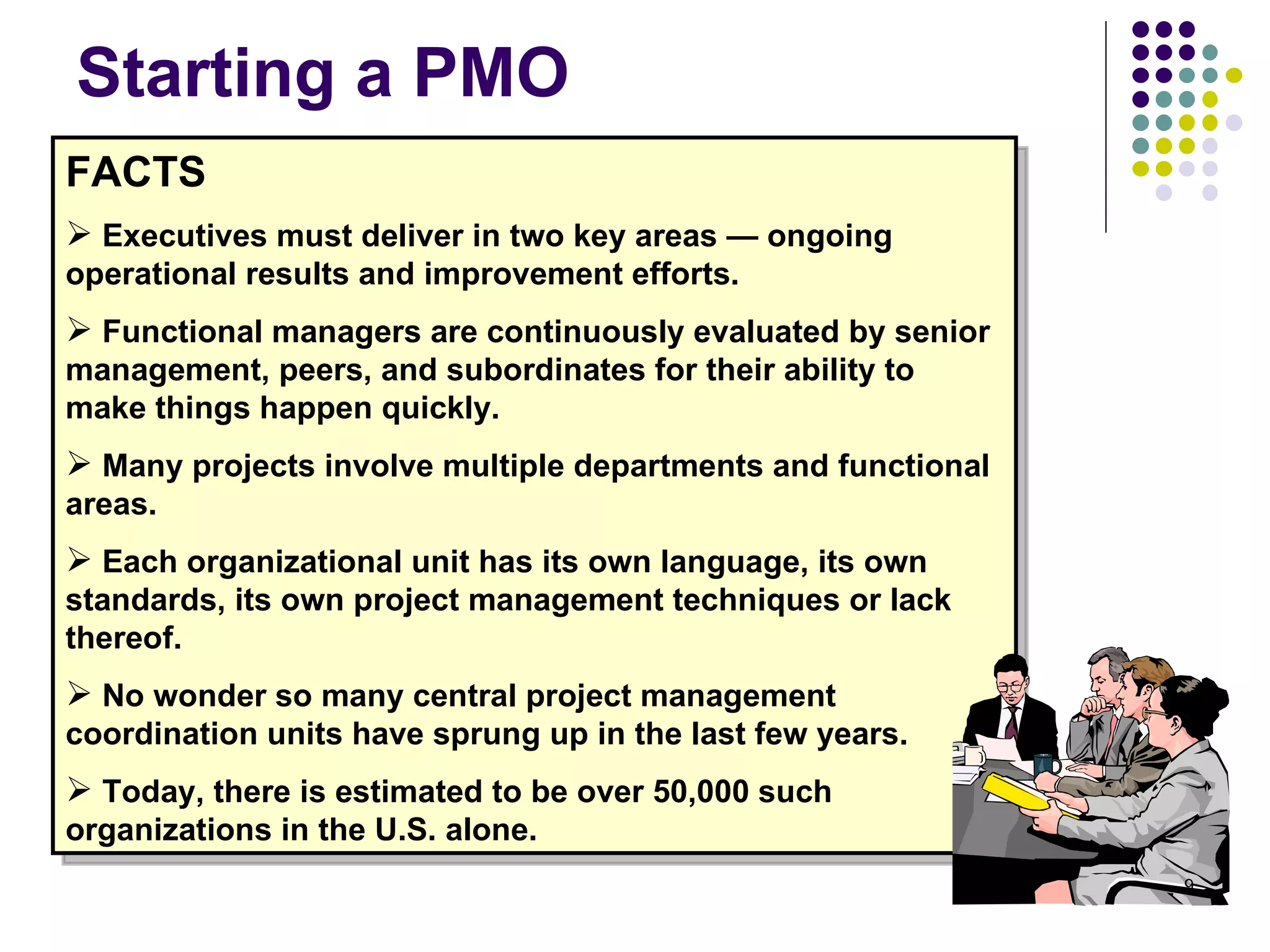 Starting a PMO FACTS Executives must deliver in two key areas — ongoing operational results and improvement efforts.  Functional managers are continuously evaluated by senior management, peers, and subordinates for their ability to make things happen quickly.  Many projects involve multiple departments and functional areas. Each organizational unit has its own language, its own standards, its own project management techniques or lack thereof.   No wonder so many central project management coordination units have sprung up in the last few years. Today, there is estimated to be over 50,000 such organizations in the U.S. alone.   