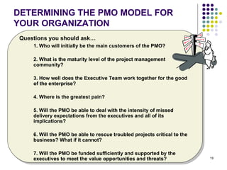 DETERMINING THE PMO MODEL FOR YOUR ORGANIZATION Questions you should ask… 1. Who will initially be the main customers of the PMO?   2. What is the maturity level of the project management community? 3. How well does the Executive Team work together for the good of the enterprise? 4. Where is the greatest pain?  5. Will the PMO be able to deal with the intensity of missed delivery expectations from the executives and all of its implications? 6. Will the PMO be able to rescue troubled projects critical to the business? What if it cannot? 7. Will the PMO be funded sufficiently and supported by the executives to meet the value opportunities and threats? 