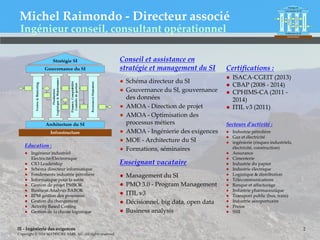 IE - Ingénierie des exigences
Copyright © 2016 MATRICIEL SARL AU. All rights reserved.
Michel Raimondo - Directeur associé
2
Ingénieur conseil, consultant opérationnel
Education :
● Ingénieur industriel
Electricité/Electronique
● CIO Leadership
● Schéma directeur informatique
● Fondements industrie pétrolière
● Informatique pour la sante
● Gestion de projet PMBOK
● Business Analysis BABOK
● BPM gestion des processus
● Gestion du changement
● Activity Based Costing
● Gestion de la chaine logistique
Certifications :
● ISACA-CGEIT (2013)
● CBAP (2008 - 2014)
● CPHIMS-CA (2011 -
2014)
● ITIL v3 (2011)
Secteurs d’activité :
● Industrie pétrolière
● Gaz et électricité
● ingénierie (risques industriels,
électricité, construction)
● Assurance
● Cimenterie
● Industrie du papier
● Industrie électrique
● Logistique & distribution
● Télécommunications
● Banque et affacturage
● Industrie pharmaceutique
● Transport public (bus, train)
● Industrie aéroportuaire
● Presse
● SSII
Conseil et assistance en
stratégie et management du SI
● Schéma directeur du SI
● Gouvernance du SI, gouvernance
des données
● AMOA - Direction de projet
● AMOA - Optimisation des
processus métiers
● AMOA - Ingénierie des exigences
● MOE - Architecture du SI
● Formations, séminaires
Enseignant vacataire
● Management du SI
● PMO 3.0 - Program Management
● ITIL v3
● Décisionnel, big data, open data
● Business analysis
 