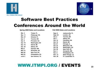 Software Best Practices Conferences Around the World WWW.ITMPI.ORG  / EVENTS   Mar. 4  Tampa, FL Mar. 11  Pittsburgh, PA Mar. 27  Orlando, FL Apr. 3  Toronto, ON Apr. 8  Princeton, NJ Apr. 10  Washington, DC Apr. 15   Detroit, MI Apr. 24  Albany, NY May 6  Olympia, WA May 15  Rochester, NY May 20   New York, NY May 22  Philadelphia, PA June 3  San Antonio, TX Spring 2008 Dates and Locations Sept. 9 Jacksonville, FL   Sept. 25 London, UK Oct. 2 Toronto, ON Oct. 7 Albany, NY Oct. 14 Cleveland, OH Oct. 16 Detroit, MI Oct. 21 Chicago, IL Oct. 23 Milwaukee, WI Oct. 28 Washington, DC Oct. 30 New York, NY Nov. 4 Annapolis, MD Nov. 6 Philadelphia, PA Nov. 13 Baton Rouge, LA Nov. 20 Ft. Lauderdale, FL Fall 2008 Dates and Locations 