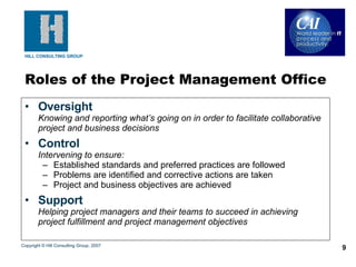 Oversight Knowing and reporting what’s going on in order to facilitate collaborative project and business decisions Control Intervening to ensure: Established standards and preferred practices are followed Problems are identified and corrective actions are taken Project and business objectives are achieved Support Helping project managers and their teams to succeed in achieving project fulfillment and project management objectives Roles of the Project Management Office Copyright © Hill Consulting Group, 2007 