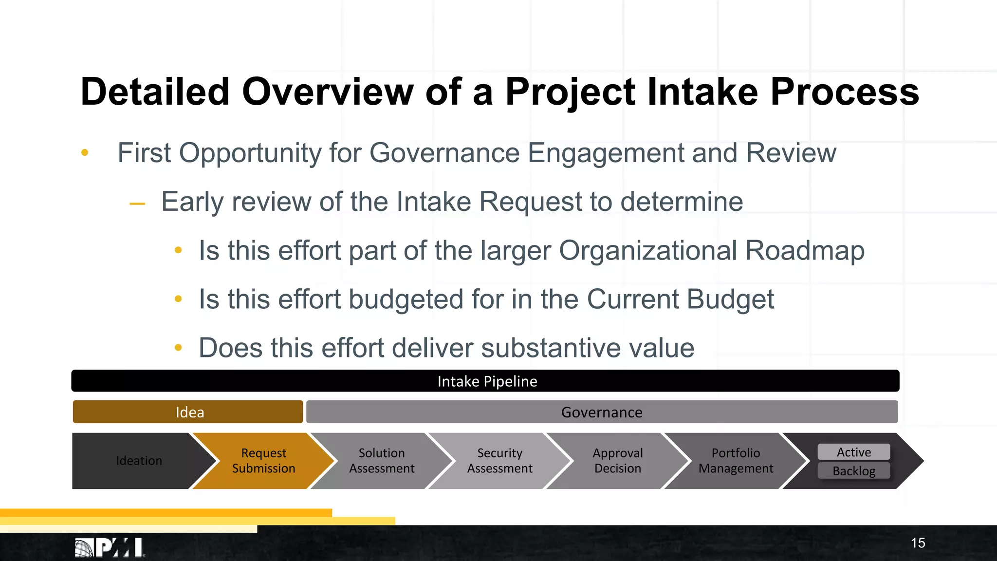 Detailed Overview of a Project Intake Process
• First Opportunity for Governance Engagement and Review
– Early review of the Intake Request to determine
• Is this effort part of the larger Organizational Roadmap
• Is this effort budgeted for in the Current Budget
• Does this effort deliver substantive value
15
Ideation
Request
Submission
Solution
Assessment
Security
Assessment
Approval
Decision
Portfolio
Management
Active
Backlog
GovernanceIdea
Intake Pipeline
 