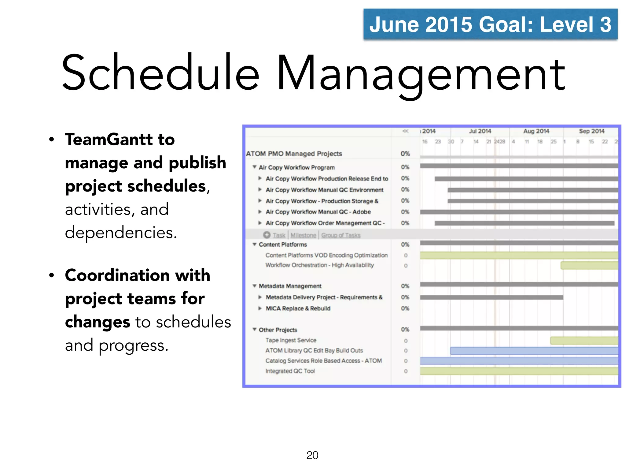Schedule Management
• TeamGantt to
manage and publish
project schedules,
activities, and
dependencies.
• Coordination with
project teams for
changes to schedules
and progress.
20
June 2015 Goal: Level 3
 