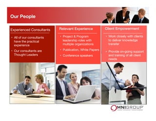 Experienced Consultants
•  All of our consultants
have the practical
experience 
•  Our consultants are
Thought Leaders
Relevant Experience!
•  Project & Program
leadership roles with
multiple organizations
•  Publication, White Papers
•  Conference speakers

Client Empowerment!
•  Work closely with clients
to deliver knowledge
transfer
•  Provide on-going support
and training of all client
needs
Our People 
 