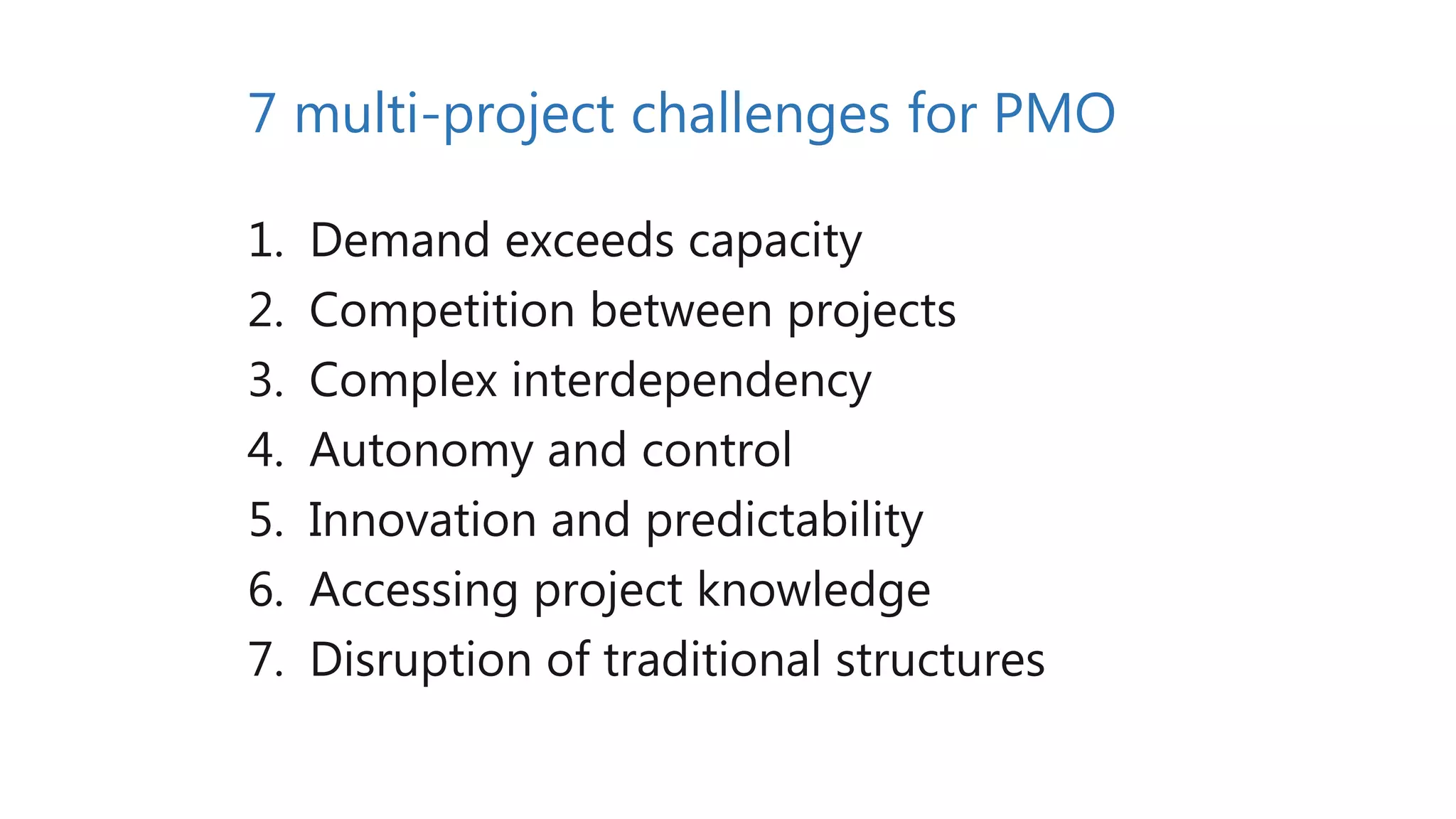 7 multi-project challenges for PMO
1. Demand exceeds capacity
2. Competition between projects
3. Complex interdependency
4. Autonomy and control
5. Innovation and predictability
6. Accessing project knowledge
7. Disruption of traditional structures
 