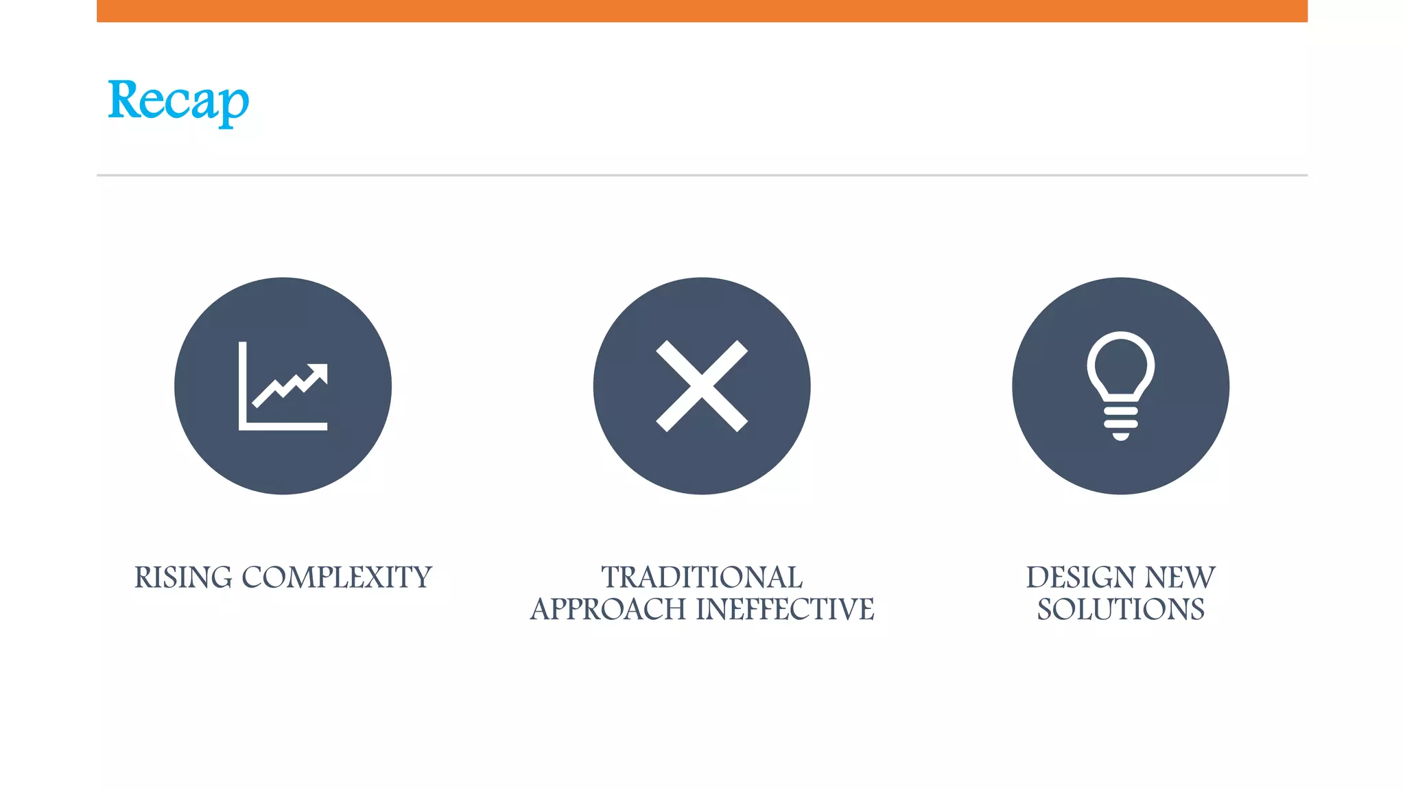 Recap
RISING COMPLEXITY TRADITIONAL
APPROACH INEFFECTIVE
DESIGN NEW
SOLUTIONS
 