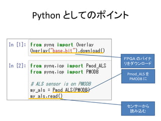 Python としてのポイント
ＦＰＧＡ のバイナ
リをダウンロード
Pmod_ALS を
PMODB に
センサーから
読み込む
 