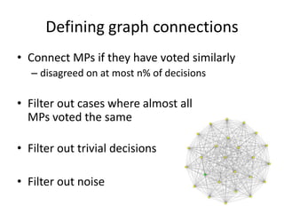 Defining graph connections
• Connect MPs if they have voted similarly
   – disagreed on at most n% of decisions

• Filter out cases where almost all
  MPs voted the same

• Filter out trivial decisions

• Filter out noise
 