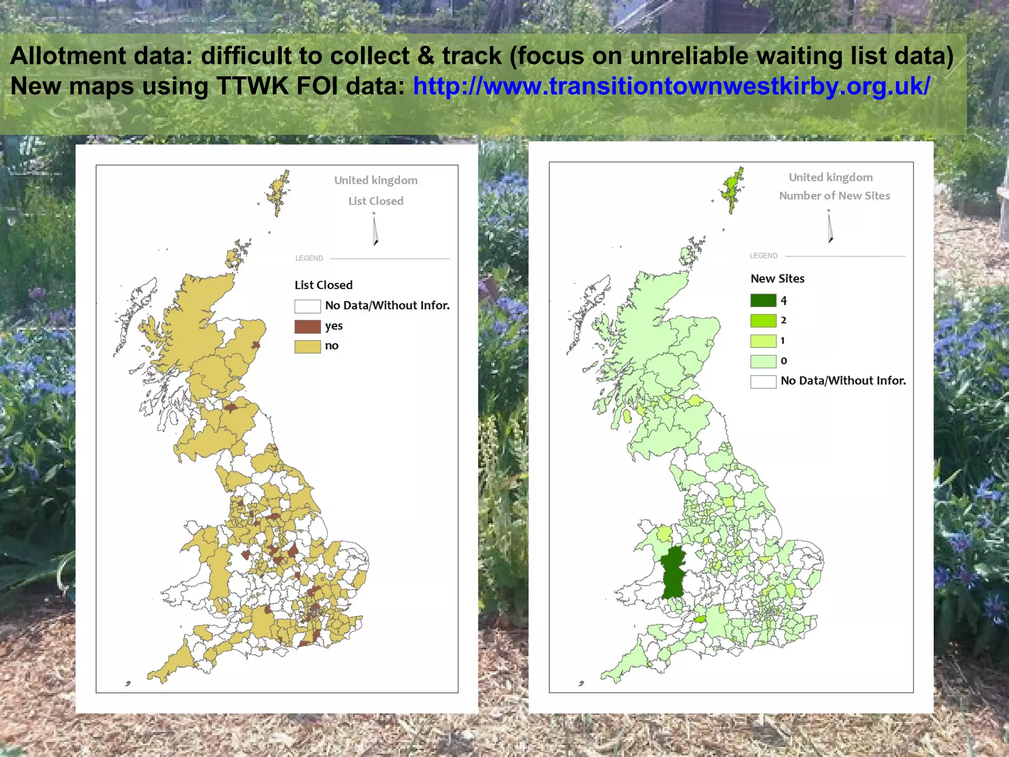 Allotment data: difficult to collect & track (focus on unreliable waiting list data)
New maps using TTWK FOI data: http://www.transitiontownwestkirby.org.uk/
 