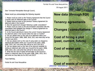 New data (through FOI)

Tenancy agreements

Changes | consultations

Cost of hiring a plot
(past, current, future)

Cost o...