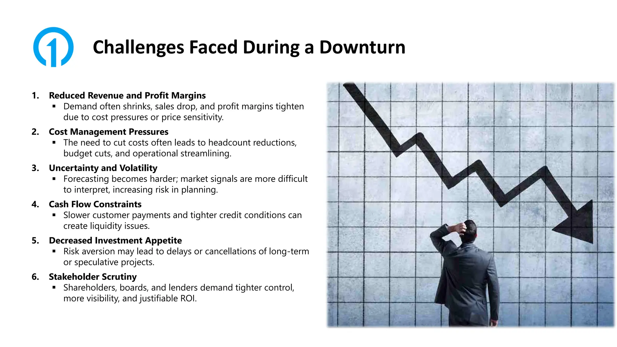Challenges Faced During a Downturn
1. Reduced Revenue and Profit Margins
▪ Demand often shrinks, sales drop, and profit margins tighten
due to cost pressures or price sensitivity.
2. Cost Management Pressures
▪ The need to cut costs often leads to headcount reductions,
budget cuts, and operational streamlining.
3. Uncertainty and Volatility
▪ Forecasting becomes harder; market signals are more difficult
to interpret, increasing risk in planning.
4. Cash Flow Constraints
▪ Slower customer payments and tighter credit conditions can
create liquidity issues.
5. Decreased Investment Appetite
▪ Risk aversion may lead to delays or cancellations of long-term
or speculative projects.
6. Stakeholder Scrutiny
▪ Shareholders, boards, and lenders demand tighter control,
more visibility, and justifiable ROI.
 