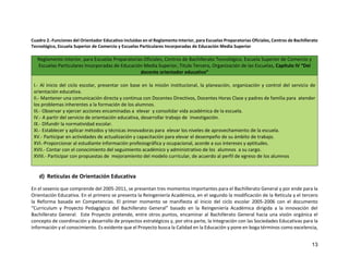 13
Cuadro 2.-Funciones del Orientador Educativo incluidas en el Reglamento Interior, para Escuelas Preparatorias Oficiales, Centros de Bachillerato
Tecnológico, Escuela Superior de Comercio y Escuelas Particulares Incorporadas de Educación Media Superior
Reglamento Interior, para Escuelas Preparatorias Oficiales, Centros de Bachillerato Tecnológico, Escuela Superior de Comercio y
Escuelas Particulares Incorporadas de Educación Media Superior, Titulo Tercero, Organización de las Escuelas, Capítulo IV “Del
docente orientador educativo”
I.- Al inicio del ciclo escolar, presentar con base en la misión institucional, la planeación, organización y control del servicio de
orientación educativa.
II.- Mantener una comunicación directa y continua con Docentes Directivos, Docentes Horas Clase y padres de familia para atender
los problemas inherentes a la formación de los alumnos.
III.- Observar y ejercer acciones encaminadas a elevar y consolidar vida académica de la escuela.
IV.- A partir del servicio de orientación educativa, desarrollar trabajo de investigación.
IX.- Difundir la normatividad escolar.
XI.- Establecer y aplicar métodos y técnicas innovadoras para elevar los niveles de aprovechamiento de la escuela.
XV.- Participar en actividades de actualización y capacitación para elevar el desempeño de su ámbito de trabajo.
XVI.-Proporcionar al estudiante información profesiográfica y ocupacional, acorde a sus intereses y aptitudes.
XVII.- Contar con el conocimiento del seguimiento académico y administrativo de los alumnos a su cargo.
XVIII.- Participar con propuestas de mejoramiento del modelo curricular, de acuerdo al perfil de egreso de los alumnos
d) Retículas de Orientación Educativa
En el sexenio que comprende del 2005-2011, se presentan tres momentos importantes para el Bachillerato General y por ende para la
Orientación Educativa. En el primero se presenta la Reingeniería Académica, en el segundo la modificación de la Retícula y el tercero
la Reforma basada en Competencias. El primer momento se manifiesta al inicio del ciclo escolar 2005-2006 con el documento
“Curriculum y Proyecto Pedagógico del Bachillerato General” basado en la Reingeniería Académica dirigida a la innovación del
Bachillerato General. Este Proyecto pretende, entre otros puntos, encaminar al Bachillerato General hacia una visión orgánica el
concepto de coordinación y desarrollo de proyectos estratégicos y, por otra parte, la Integración con las Sociedades Educativas para la
información y el conocimiento. Es evidente que el Proyecto busca la Calidad en la Educación y pone en boga términos como excelencia,
 