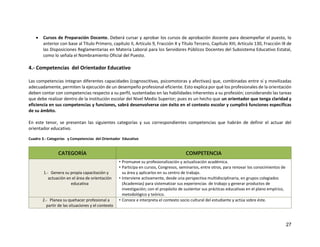27
 Cursos de Preparación Docente. Deberá cursar y aprobar los cursos de aprobación docente para desempeñar el puesto, lo
anterior con base al Título Primero, capítulo II, Artículo 9, Fracción X y Título Tercero, Capítulo XIII, Artículo 130, Fracción IX de
las Disposiciones Reglamentarias en Materia Laboral para los Servidores Públicos Docentes del Subsistema Educativo Estatal,
como lo señala el Nombramiento Oficial del Puesto.
4.- Competencias del Orientador Educativo
Las competencias integran diferentes capacidades (cognoscitivas, psicomotoras y afectivas) que, combinadas entre sí y movilizadas
adecuadamente, permiten la ejecución de un desempeño profesional eficiente. Esto explica por qué los profesionales de la orientación
deben contar con competencias respecto a su perfil, sustentadas en las habilidades inherentes a su profesión; considerando las tareas
que debe realizar dentro de la institución escolar del Nivel Medio Superior; pues es un hecho que un orientador que tenga claridad y
eficiencia en sus competencias y funciones, sabrá desenvolverse con éxito en el contexto escolar y cumplirá funciones específicas
de su ámbito.
En este tenor, se presentan las siguientes categorías y sus correspondientes competencias que habrán de definir el actuar del
orientador educativo.
Cuadro 3.- Categorías y Competencias del Orientador Educativo
CATEGORÍA COMPETENCIA
1.- Genera su propia capacitación y
actuación en el área de orientación
educativa
• Promueve su profesionalización y actualización académica.
• Participa en cursos, Congresos, seminarios, entre otros, para renovar los conocimientos de
su área y aplicarlos en su centro de trabajo.
• Interviene activamente, desde una perspectiva multidisciplinaria, en grupos colegiados
(Academias) para sistematizar sus experiencias de trabajo y generar productos de
investigación; con el propósito de sustentar sus prácticas educativas en el plano empírico,
metodológico y teórico.
2.- Planea su quehacer profesional a
partir de las situaciones y el contexto
• Conoce e interpreta el contexto socio cultural del estudiante y actúa sobre éste.
 