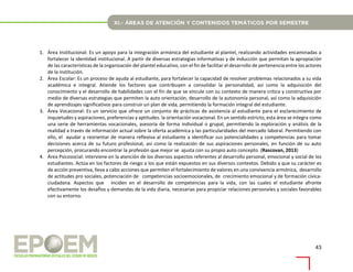 43
1. Área Institucional: Es un apoyo para la integración armónica del estudiante al plantel, realizando actividades encaminadas a
fortalecer la identidad institucional. A partir de diversas estrategias informativas y de inducción que permitan la apropiación
de las características de la organización del plantel educativo, con el fin de facilitar el desarrollo de pertenencia entre los actores
de la institución.
2. Área Escolar: Es un proceso de ayuda al estudiante, para fortalecer la capacidad de resolver problemas relacionados a su vida
académica e integral. Atiende los factores que contribuyen a consolidar la personalidad, así como la adquisición del
conocimiento y el desarrollo de habilidades con el fin de que se vincule con su contexto de manera crítica y constructiva por
medio de diversas estrategias que permiten la auto orientación, desarrollo de la autonomía personal, así como la adquisición
de aprendizajes significativos para construir un plan de vida, permitiendo la formación integral del estudiante.
3. Área Vocacional: Es un servicio que ofrece un conjunto de prácticas de asistencia al estudiante para el esclarecimiento de
inquietudes y aspiraciones, preferencias y aptitudes. la orientación vocacional. En un sentido estricto, esta área se integra como
una serie de herramientas vocacionales, asesoría de forma individual o grupal, permitiendo la exploración y análisis de la
realidad a través de información actual sobre la oferta académica y las particularidades del mercado laboral. Permitiendo con
ello, el ayudar y reorientar de manera reflexiva al estudiante a identificar sus potencialidades y competencias para tomar
decisiones acerca de su futuro profesional, así como la realización de sus aspiraciones personales, en función de su auto
percepción, procurando encontrar la profesión que mejor se ajusta con su propio auto concepto. (Rascovan, 2013)
4. Área Psicosocial: interviene en la atención de los diversos aspectos referentes al desarrollo personal, emocional y social de los
estudiantes. Actúa en los factores de riesgo a los que están expuestos en sus diversos contextos. Debido a que su carácter es
de acción preventiva, lleva a cabo acciones que permiten el fortalecimiento de valores en una convivencia armónica, desarrollo
de actitudes pro sociales, potenciación de competencias socioemocionales, de crecimiento emocional y de formación cívica-
ciudadana. Aspectos que inciden en el desarrollo de competencias para la vida, con las cuales el estudiante afronte
efectivamente los desafíos y demandas de la vida diaria, necesarias para propiciar relaciones personales y sociales favorables
con su entorno.
 