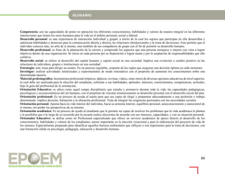 84
Competencia: son las capacidades de poner en operación los diferentes conocimientos, habilidades y valores de manera integral en las diferentes
interacciones que tienen los seres humanos para la vida en el ámbito personal, social y laboral
Desarrollo personal: es una experiencia de interacción individual y grupal, a través de la cual los sujetos que participan en ella desarrollan y
optimizan habilidades y destrezas para la comunicación abierta y directa, las relaciones interpersonales y la toma de decisiones. Esto permite que el
individuo conozca más, no sólo de sí mismo, sino también de sus compañeros de grupo con el fin de permitir su desarrollo humano.
Desarrollo profesional: es fruto de la planeación de la carrera y comprende los aspectos que una persona enriquece o mejora con vista a lograr
objetivos dentro de una organización. Se inicia en cada persona por su disposición a lograr metas y por la aceptación de responsabilidades que ello
conlleva.
Desarrollo social: se refiere al desarrollo del capital humano y capital social en una sociedad. Implica una evolución o cambio positivo en las
relaciones de individuos, grupos e instituciones en una sociedad.
Estrategia: arte, traza para dirigir un asunto. En un proceso regulable, conjunto de las reglas que aseguran una decisión óptima en cada momento.
Investigar: realizar actividades intelectuales y experimentales de modo sistemático con el propósito de aumentar los conocimientos sobre una
determinada materia.
Material profesiográfico: herramienta profesional (trípticos, dípticos, revistas, videos, entre otros) de diversas opciones educativas de nivel superior,
la cual debe ser analizada para la elección del estudiante, referente a sus habilidades, aptitudes, intereses, conocimientos, competencias, actitudes,
bajo la guía del profesional de la orientación.
Orientación Educativa: se ubica como aquel campo disciplinario que estudia y promueve durante toda la vida, las capacidades pedagógicas,
psicológicas y socioeconómicas del ser humano, con el propósito de vincular armónicamente su desarrollo personal con el desarrollo social del país.
Orientación profesional: Es un proceso de ayuda al sujeto para que sea capaz de elegir y prepararse adecuadamente a una profesión o trabajo
determinado, implica decisión, formación y la ubicación profesional. Trata de integrar las exigencias personales con las necesidades sociales.
Orientación personal: Apunta hacia la vida interior del individuo, hacia su armonía interior, equilibrio personal, autoconocimiento y autocontrol de
sí mismo, sin perder las perspectivas de su entorno.
Orientación académica: Es un proceso de ayuda al estudiante que le permite ser capaz de resolver los problemas que la vida académica le plantea
y le posibilita que a lo largo de su recorrido por la escuela realice elecciones de acuerdo con sus intereses, capacidades, y con su situación personal.
Orientador Educativo: se defina como un Profesional especializado que ofrece un servicio académico de apoyo directo al desarrollo de los
conocimientos, habilidades y valores de los estudiantes; asesor importante en la elección vocacional y para la elaboración del proyecto de vida de
los mismos. Especialmente preparado para identificar aquellos factores ambientales que influyen o son importantes para la toma de decisiones, con
una formación sólida en psicología, pedagogía, educación y desarrollo humano.
 
