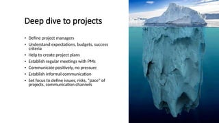 Deep dive to projects
• Define project managers
• Understand expectations, budgets, success
criteria
• Help to create project plans
• Establish regular meetings with PMs
• Communicate positively, no pressure
• Establish informal communication
• Set focus to define issues, risks, “pace” of
projects, communication channels
 