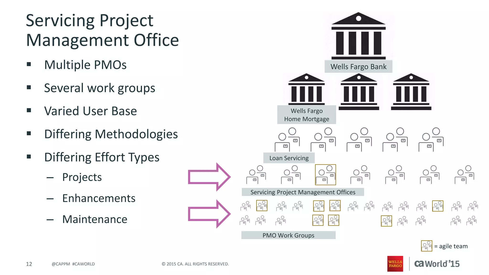 12 © 2015 CA. ALL RIGHTS RESERVED.@CAPPM #CAWORLD
Servicing Project
Management Office
 Multiple PMOs
 Several work groups
 Varied User Base
 Differing Methodologies
 Differing Effort Types
– Projects
– Enhancements
– Maintenance
Wells Fargo Bank
Wells Fargo
Home Mortgage
Loan Servicing
Servicing Project Management Offices
PMO Work Groups
= agile team
 