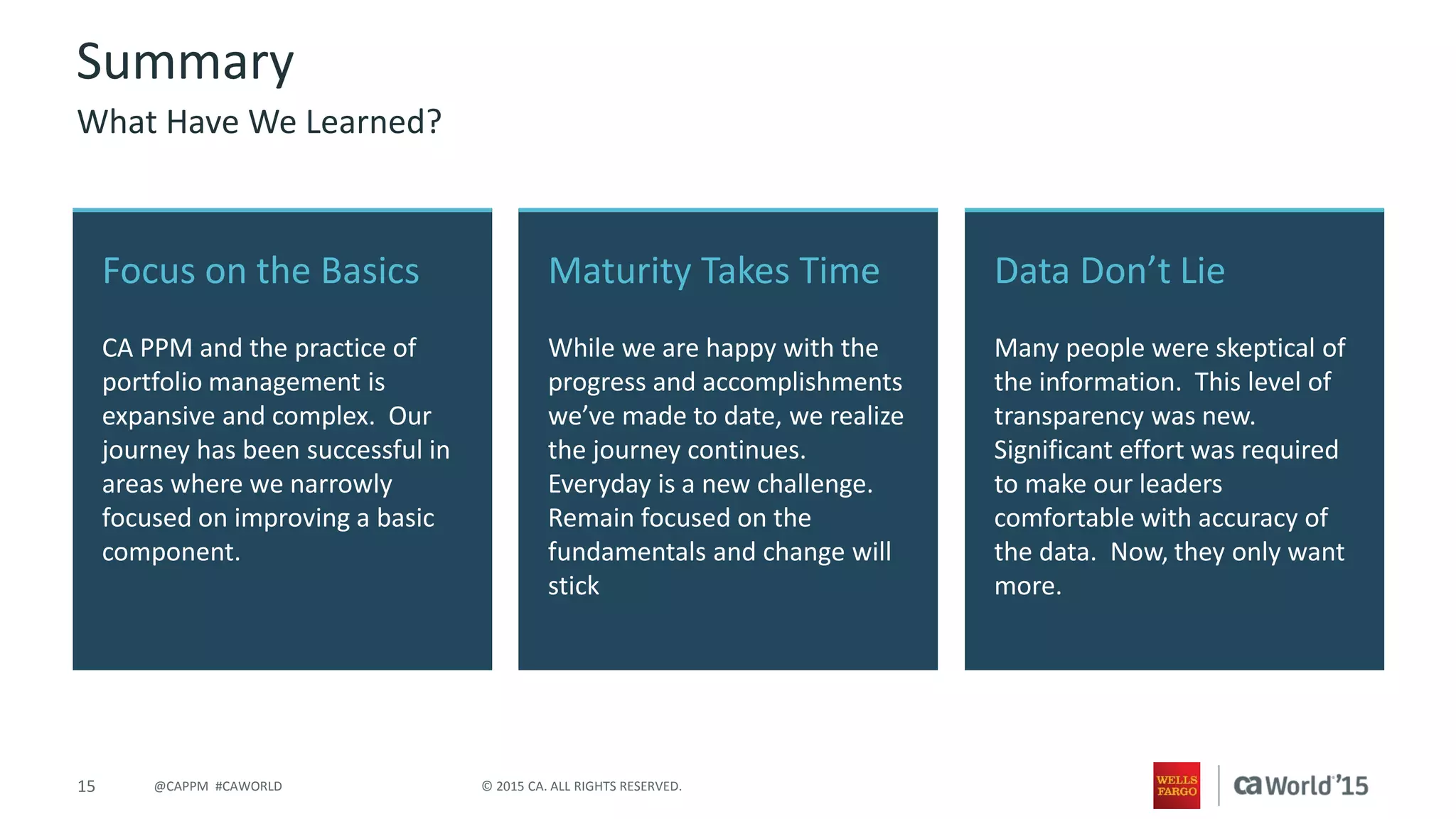 15 © 2015 CA. ALL RIGHTS RESERVED.@CAPPM #CAWORLD
Data Don’t Lie
Many people were skeptical of
the information. This level of
transparency was new.
Significant effort was required
to make our leaders
comfortable with accuracy of
the data. Now, they only want
more.
Focus on the Basics
CA PPM and the practice of
portfolio management is
expansive and complex. Our
journey has been successful in
areas where we narrowly
focused on improving a basic
component.
Maturity Takes Time
While we are happy with the
progress and accomplishments
we’ve made to date, we realize
the journey continues.
Everyday is a new challenge.
Remain focused on the
fundamentals and change will
stick
Summary
What Have We Learned?
 