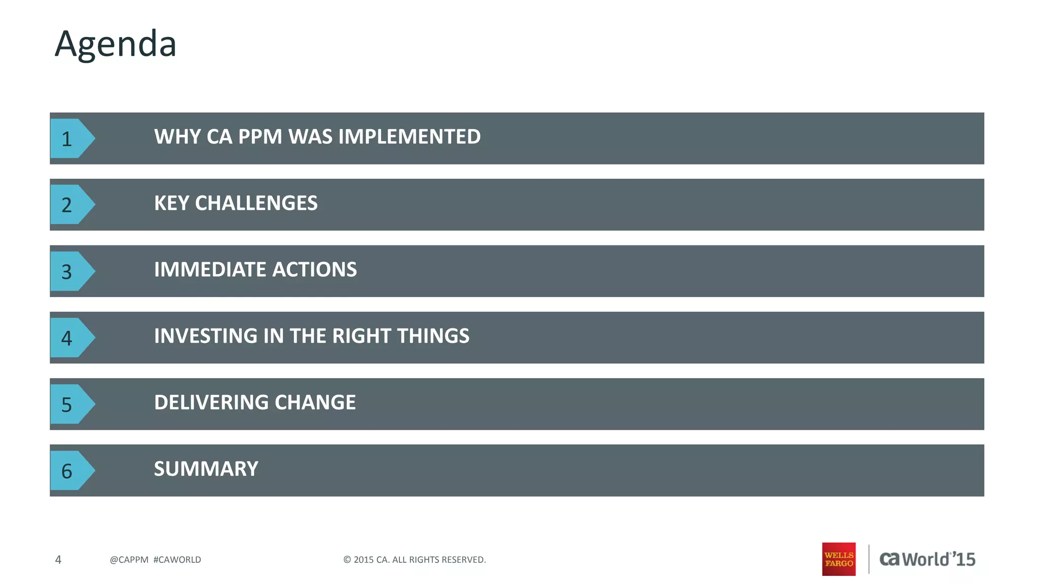 4 © 2015 CA. ALL RIGHTS RESERVED.@CAPPM #CAWORLD
Agenda
WHY CA PPM WAS IMPLEMENTED
KEY CHALLENGES
SUMMARY
IMMEDIATE ACTIONS
INVESTING IN THE RIGHT THINGS
DELIVERING CHANGE
1
2
3
4
5
6
 