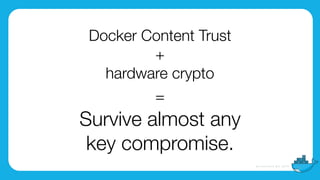 Docker Content Trust
+
hardware crypto
=
Survive almost any
key compromise.
 