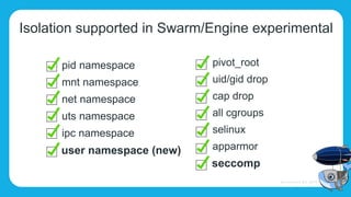 Isolation supported in Swarm/Engine experimental
- pid namespace
- mnt namespace
- net namespace
- uts namespace
- ipc namespace
user namespace (new)
- pivot_root
- uid/gid drop
- cap drop
- all cgroups
- selinux
- apparmor
seccomp
 