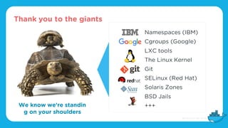 Namespaces (IBM)
Cgroups (Google)
LXC tools
The Linux Kernel
Git
SELinux (Red Hat)
Solaris Zones
BSD Jails
+++We know we’re standin
g on your shoulders
Thank you to the giants
 